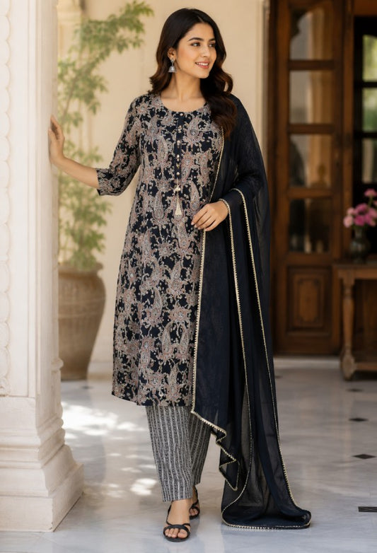 Black Paisley Print Kurta Set