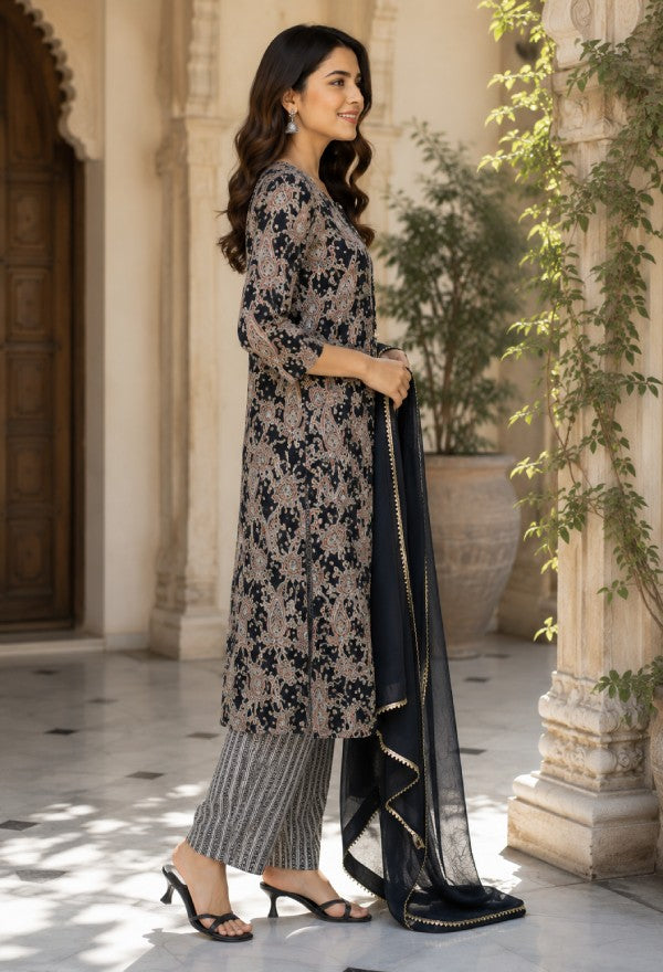 Black Paisley Print Kurta Set