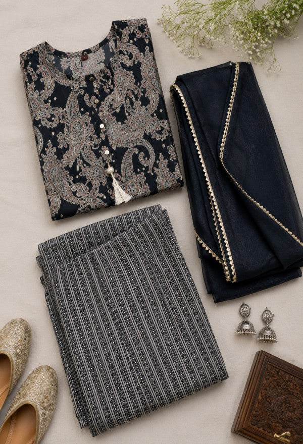 Black Paisley Print Kurta Set