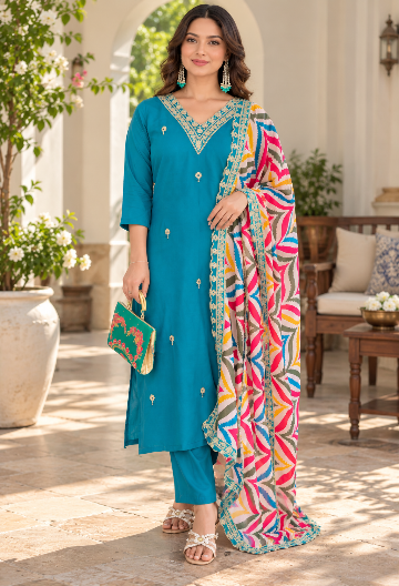 Chanderi Silk Embroidered Suit Set
