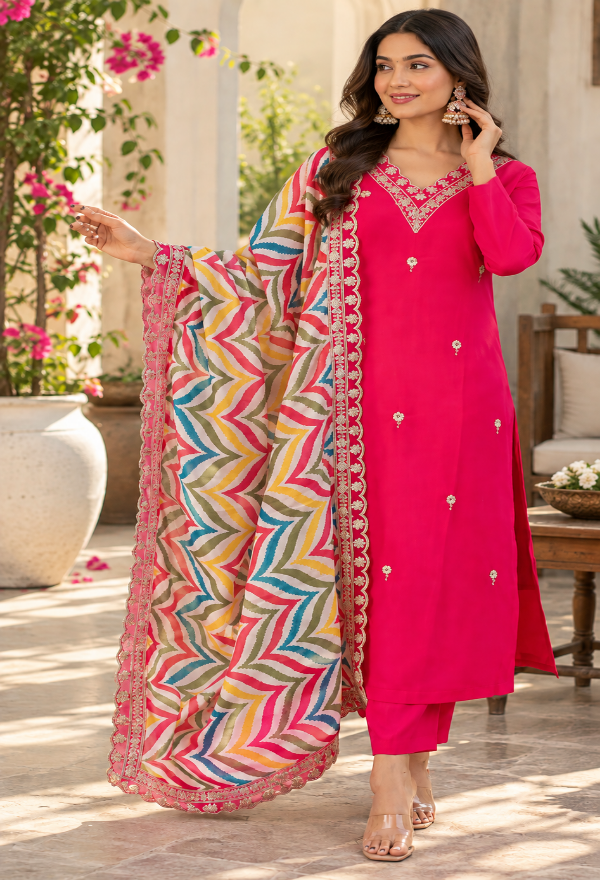 Chanderi Silk Embroidered Suit Set