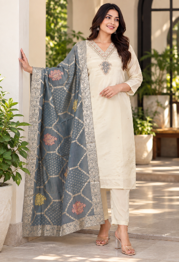 Cream Embroidered Suit Set