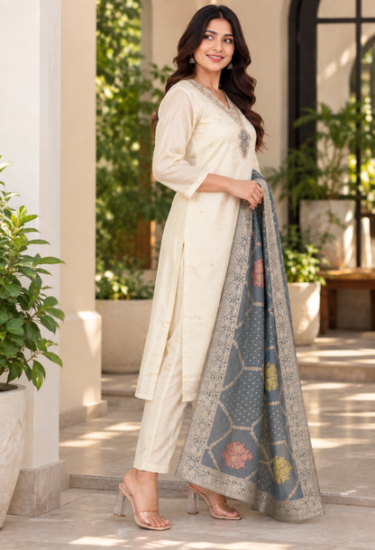 Cream Embroidered Suit Set