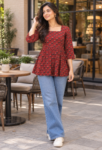 Maroon Floral Printed Peplum Top