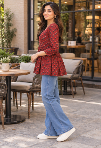 Maroon Floral Printed Peplum Top