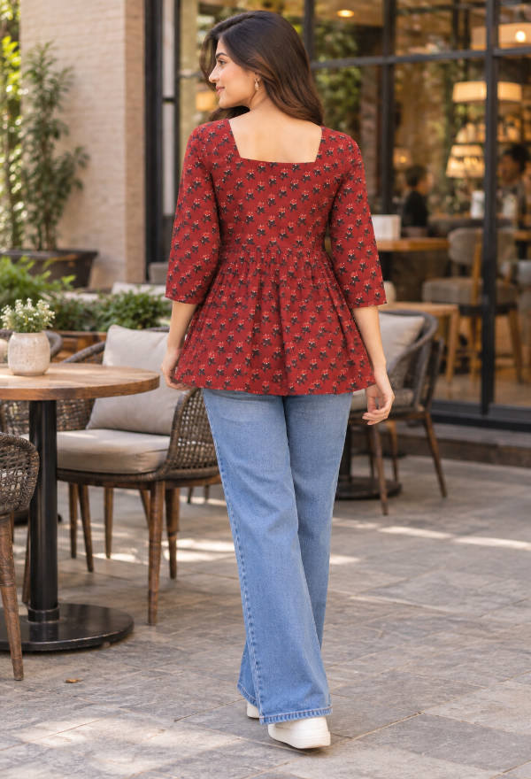 Maroon Floral Printed Peplum Top