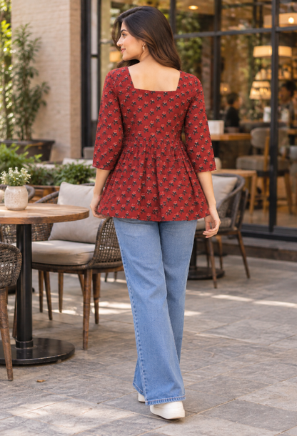 Maroon Floral Printed Peplum Top