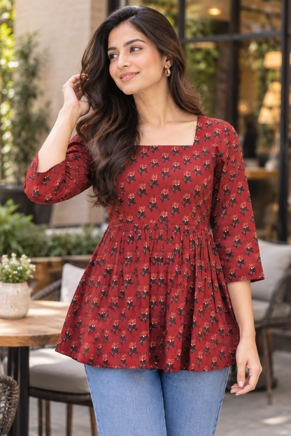 Maroon Floral Printed Peplum Top