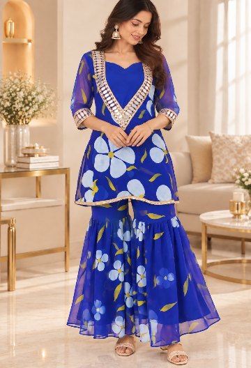 Royal Blue Hand Painted Bustier Sharara Set