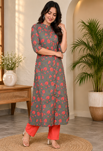 Gray Floral Kurta Pant Set
