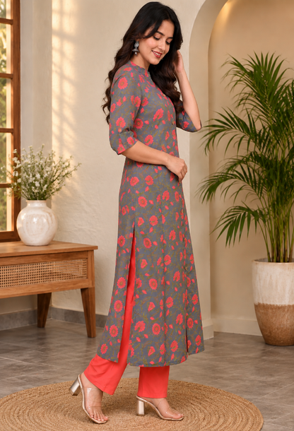 Gray Floral Kurta Pant Set