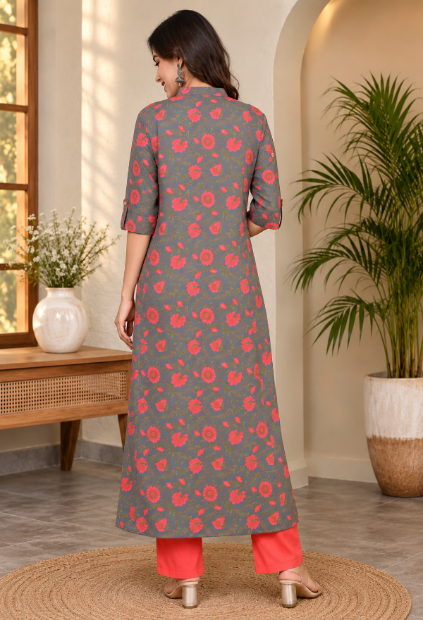 Gray Floral Kurta Pant Set