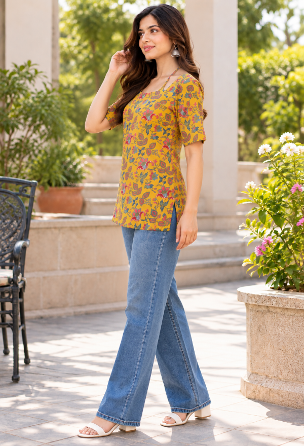 Yellow Floral Printed Tie-Up Back Top