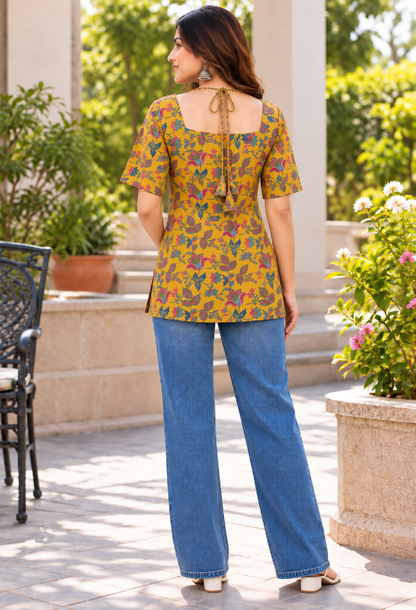 Yellow Floral Printed Tie-Up Back Top
