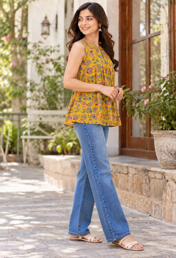Yellow Floral Printed Peplum Top