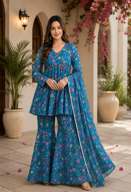 Vibrant Blue Printed Sharara Set