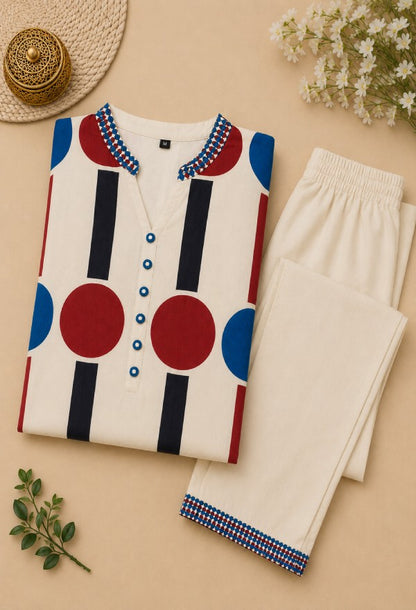 Geometric Print Cream Kurta Set