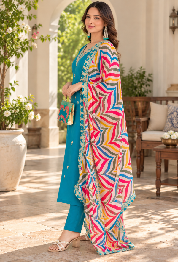 Chanderi Silk Embroidered Suit Set
