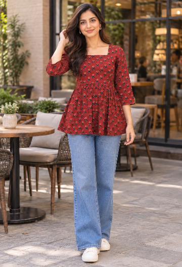 Maroon Floral Printed Peplum Top