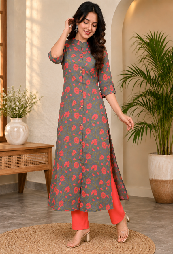 Gray Floral Kurta Pant Set