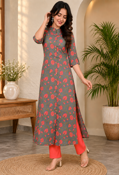 Gray Floral Kurta Pant Set