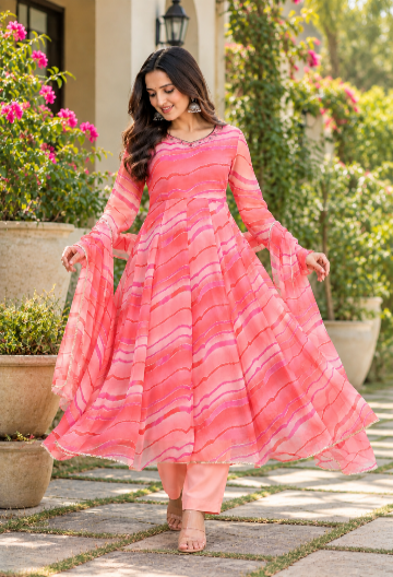Chiffon Leheriya Anarkali Suit Set