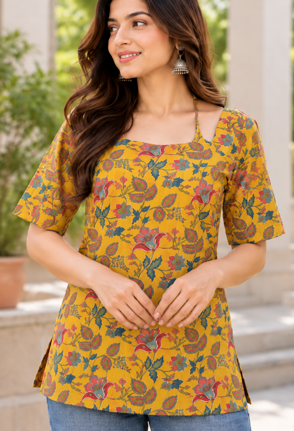 Yellow Floral Printed Tie-Up Back Top