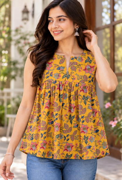 Yellow Floral Printed Peplum Top