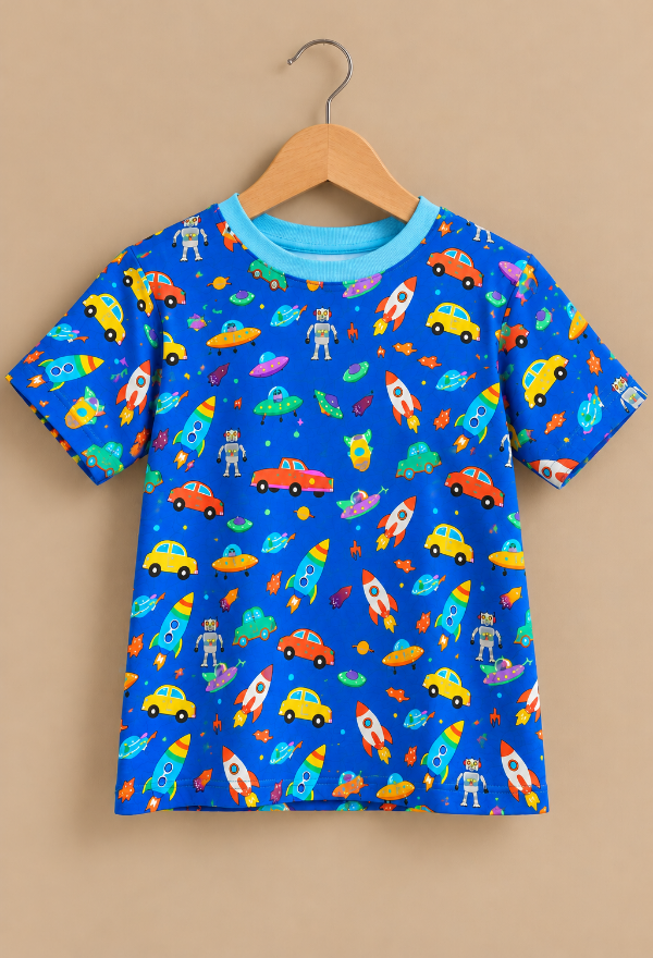 Blue Space Adventure Printed Kids T-Shirt