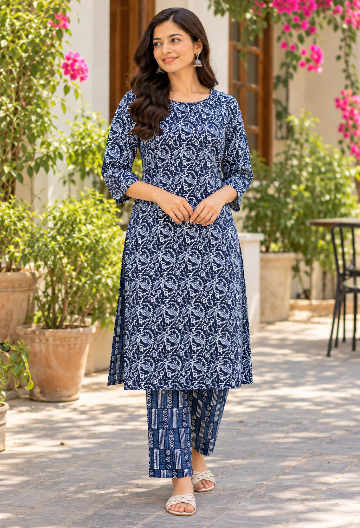 Navy Bloom Printed Kurta Pant Set