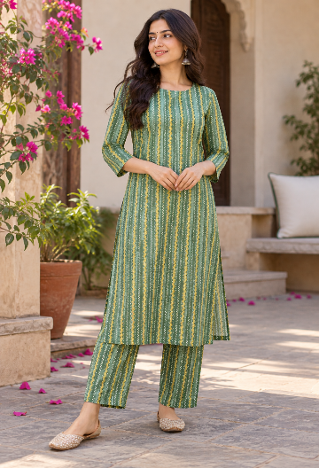 Green Printed Kurta Pant Set