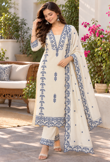 Cotton Dobby Embroidered Kurta Pant Set