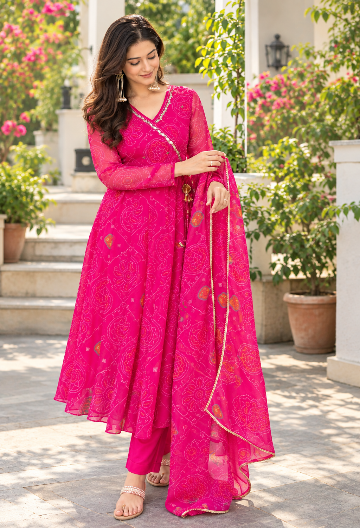Pink Chiffon Bandhani Angrakha Suit Set