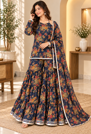 Navy Blue Floral Sharara Set with Dupatta