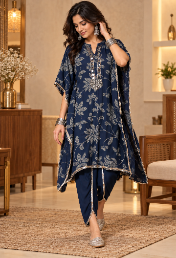 Navy Blue Printed Kaftan With Dhoti Pants