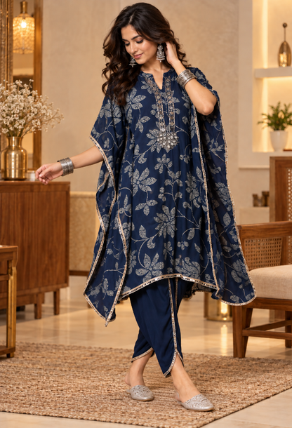 Navy Blue Printed Kaftan With Dhoti Pants