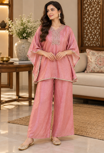 Silk 3pc Kaftan with Crop Top And Palazzo