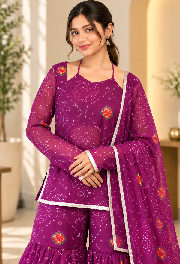 Purple Bandhani Kurta Sharara Set with Dupatta