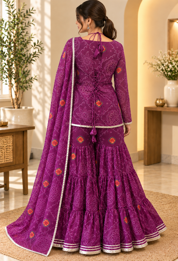 Purple Bandhani Kurta Sharara Set with Dupatta
