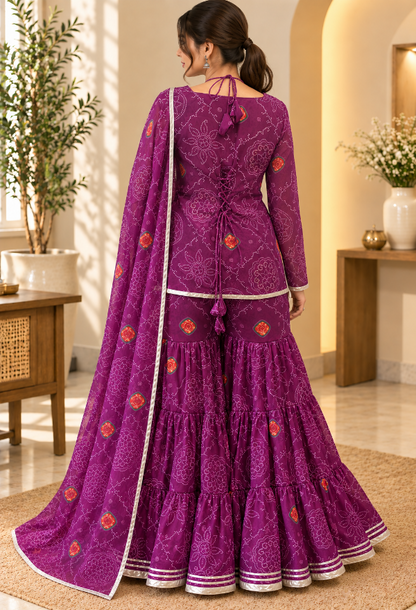 Purple Bandhani Kurta Sharara Set with Dupatta