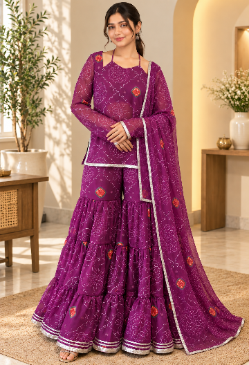 Purple Bandhani Kurta Sharara Set with Dupatta