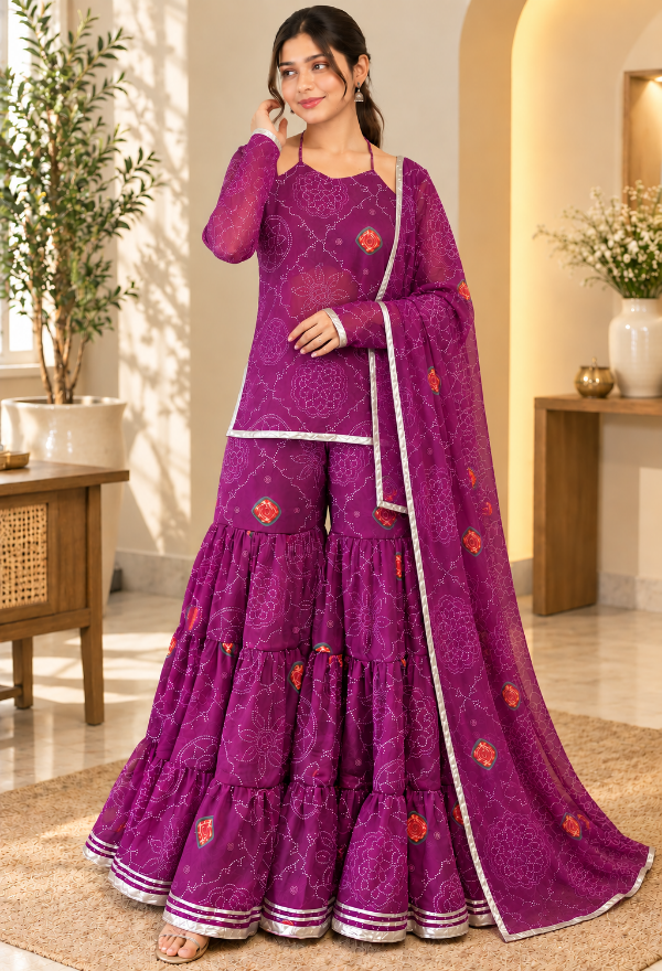 Purple Bandhani Kurta Sharara Set with Dupatta