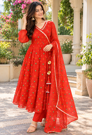 Red Printed Chiffon Angrakha Suit set