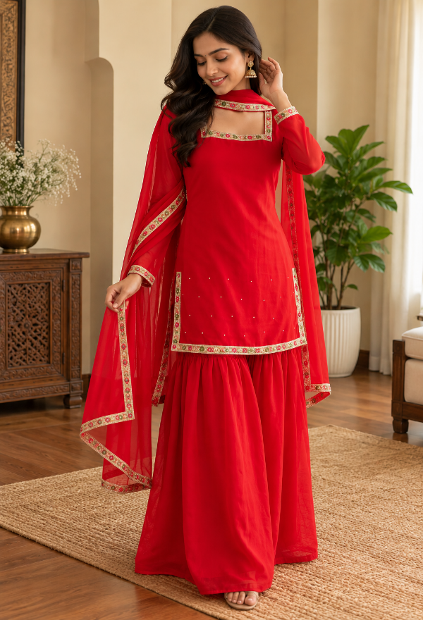 Elegant Red Embroidered Kurta Sharara Set