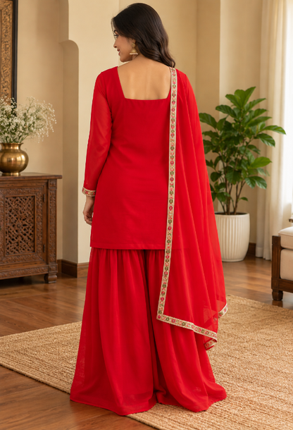 Elegant Red Embroidered Kurta Sharara Set