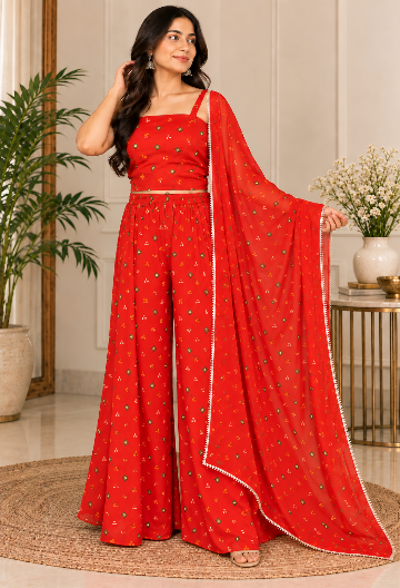 Red printed Top Palazzo And Dupatta set