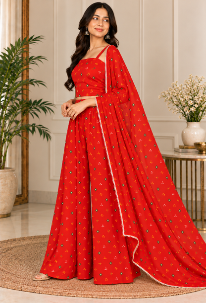 Red printed Top Palazzo And Dupatta set