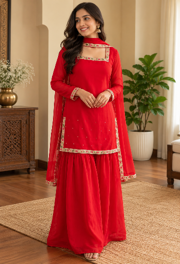 Elegant Red Embroidered Kurta Sharara Set