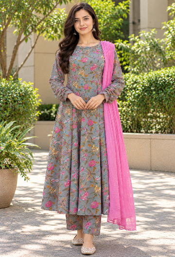 Floral Grey Anarkali Suit Set with Dupatta