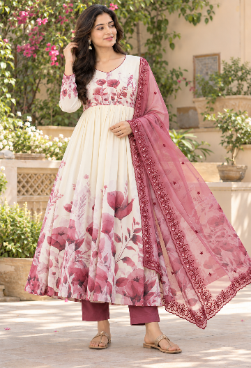Georgette Anarkali 3pc suit set with Scalloped Dupatta